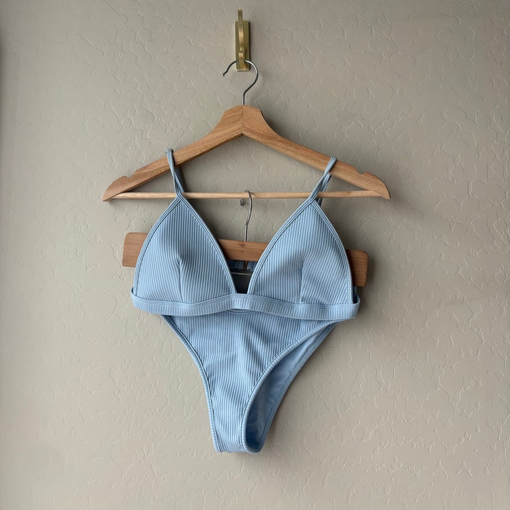 Montce Light Blue Ribbed Bikini Set Triangle Top High Cut Bottoms Size M/L